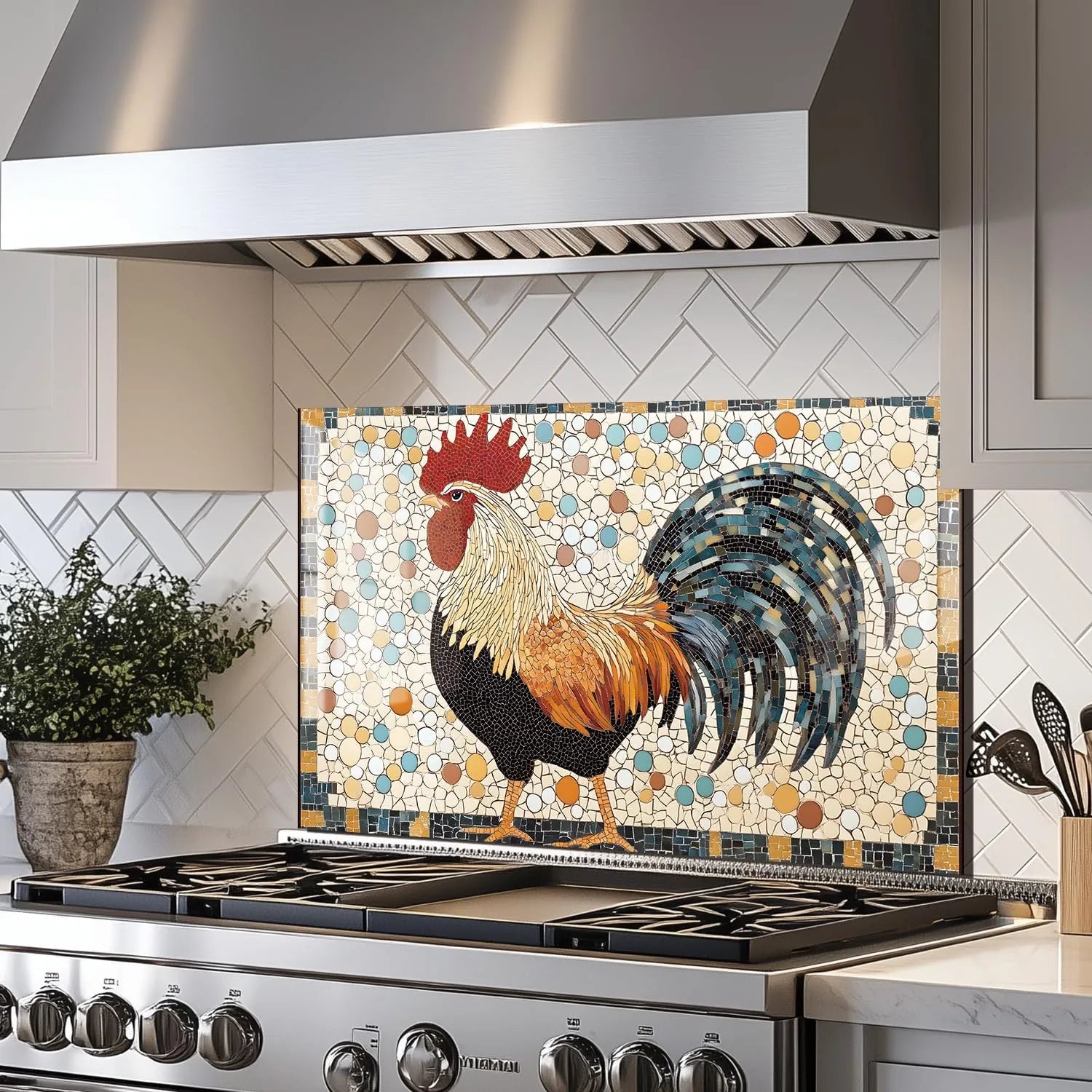 Stylish Rooster Mosaic Tempered Glass Kitchen Backsplash