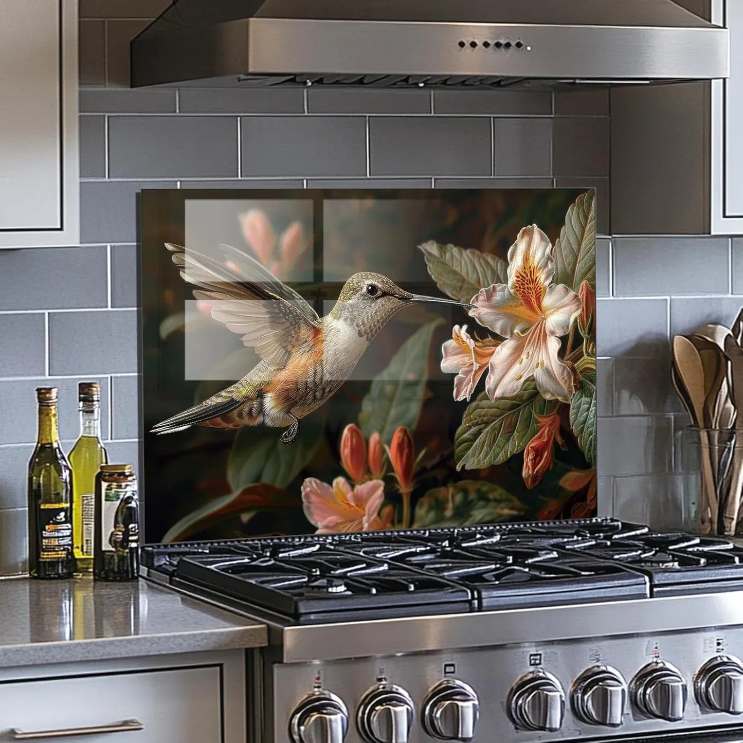 Hummingbird tempered glass kitchen backsplash decorative floral design
