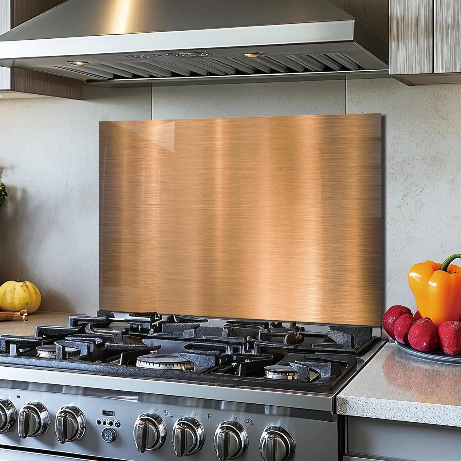 Tempered glass backsplash for kitchen behind stove, copper brushed texture