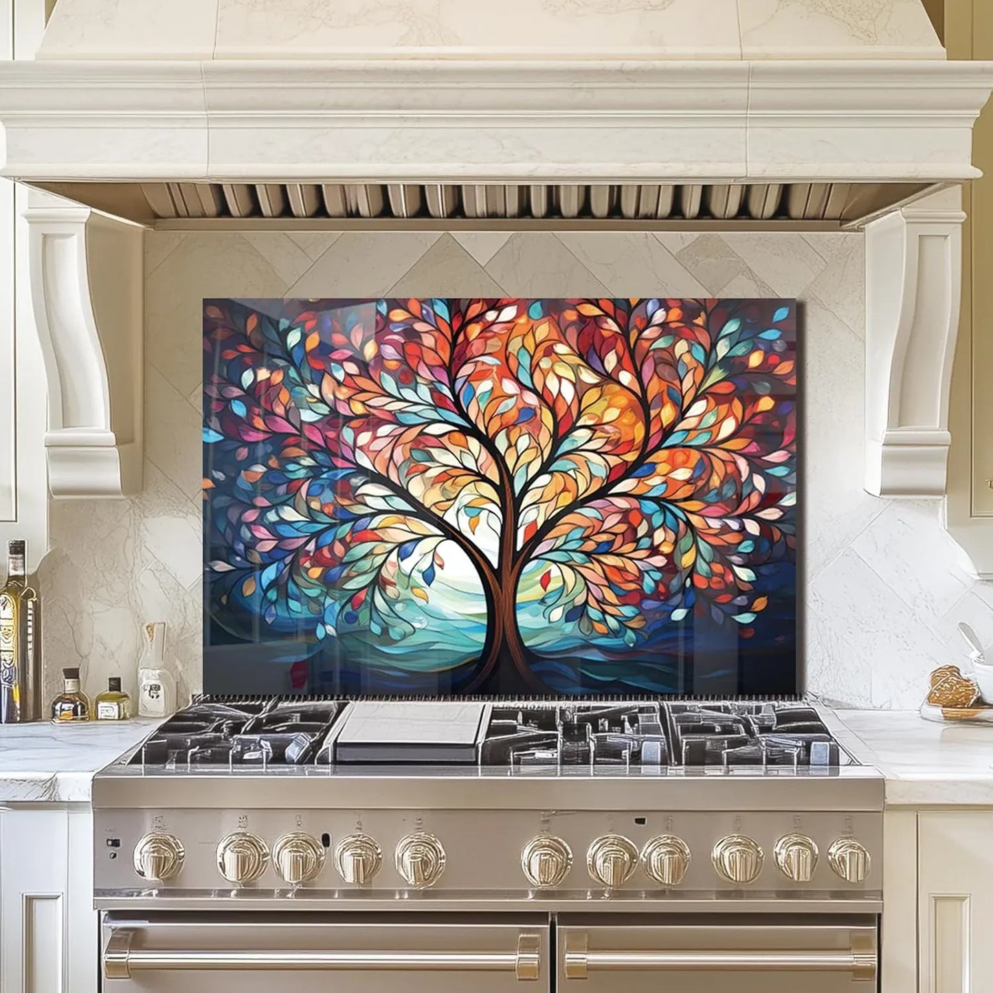 Elegant tempered glass tree of life kitchen backsplash above stainless steel stove