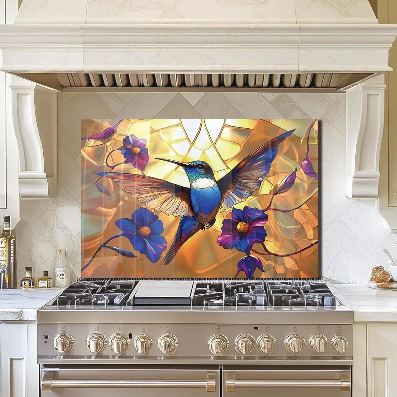 Hummingbird Stove Back Top Cover Easy to Clean Glass Splashback Installed on Kitchen Stove