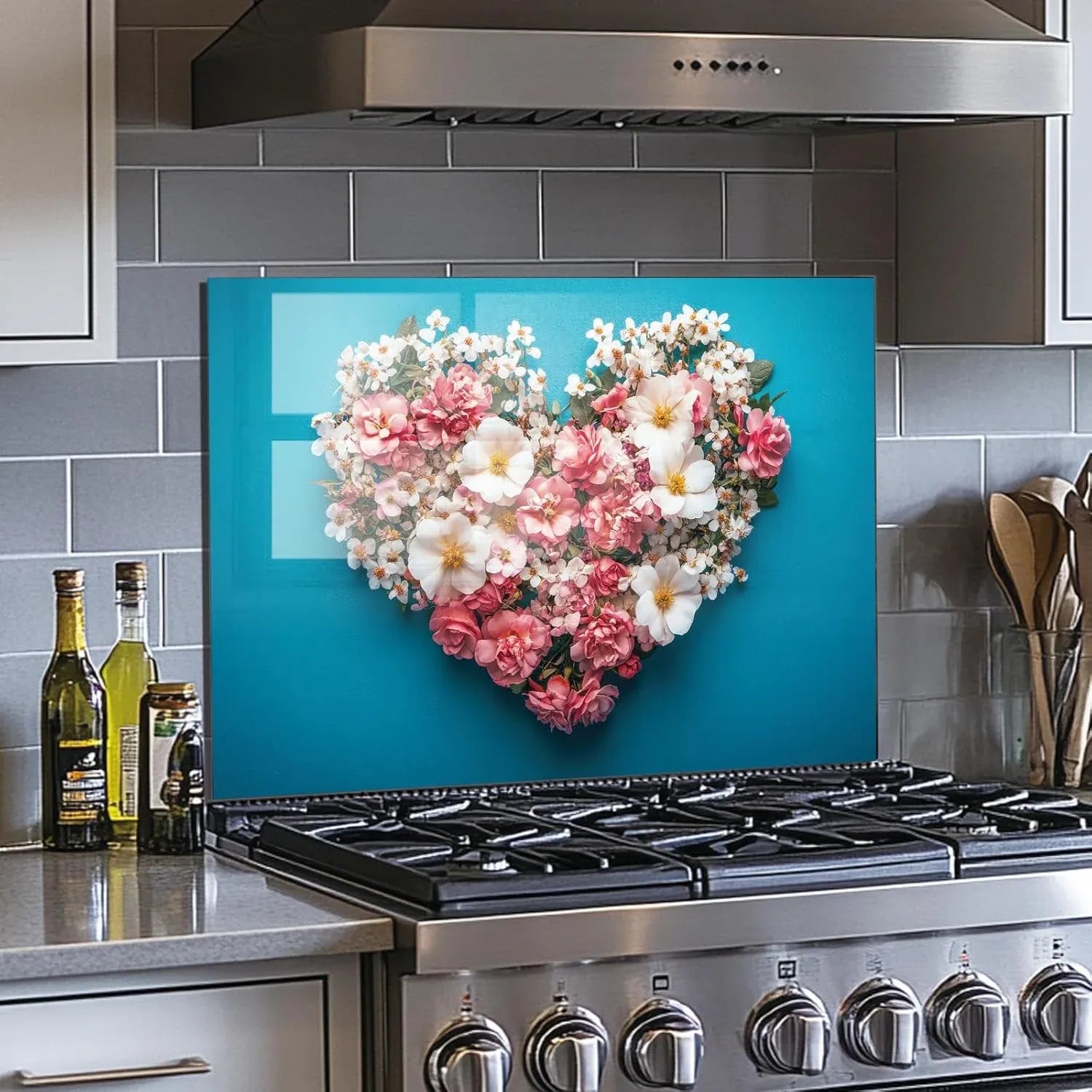 Heart-Shaped Floral Bouquet Tempered Glass Kitchen Backsplash