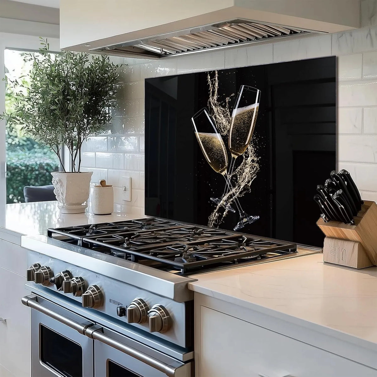 Black bottomed wine glass kitchen sink cover splash guard behind stove with champagne glasses