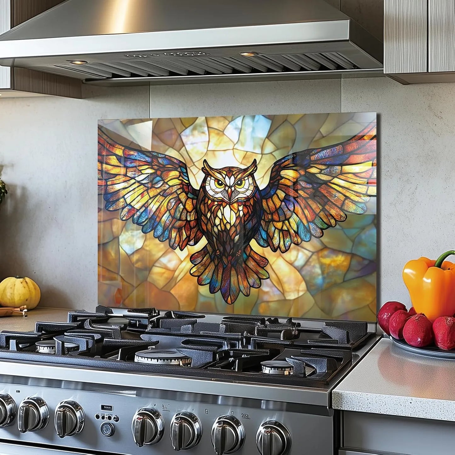 Tempered Glass Owl Stove Backsplash - Colorful Stained Glass Owl on Gas Stove