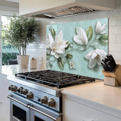 3D White Flower Tempered Glass Kitchen Backsplash Installed Above Stove