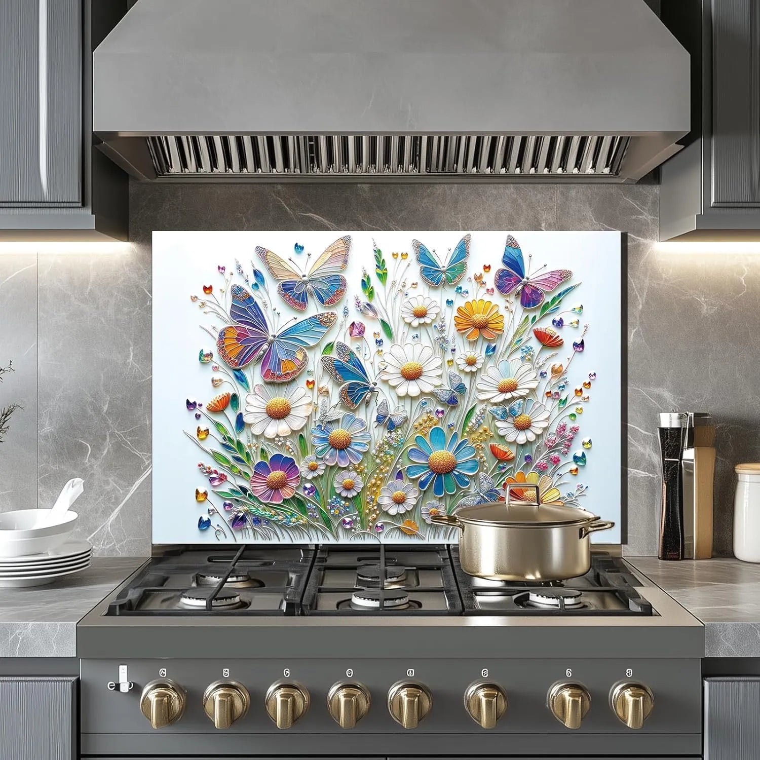 Colorful butterfly and flower tempered glass kitchen backsplash over stove