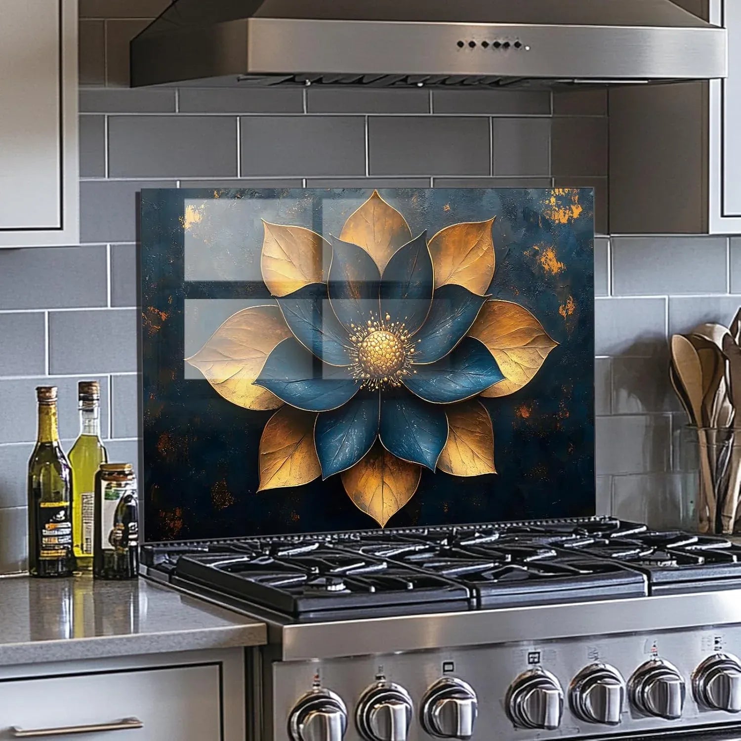 Blue Golden Flowers Tempered Glass Kitchen Backsplash Modern Decor