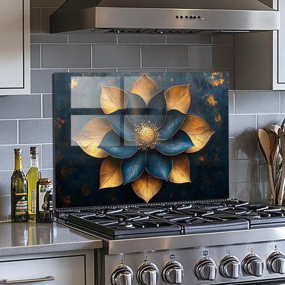Blue Golden Flowers Tempered Glass Kitchen Backsplash Modern Decor