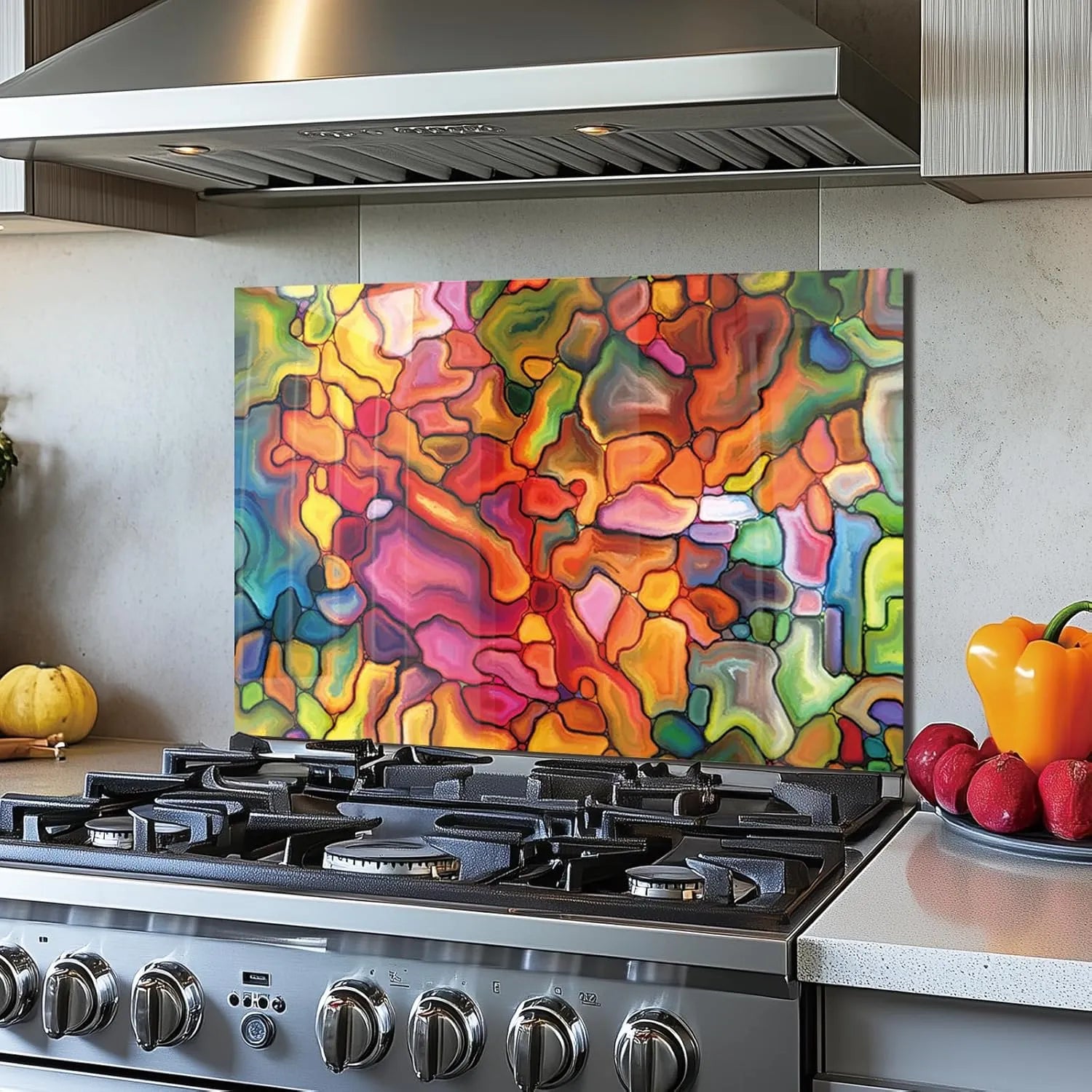 Vibrant tempered glass stained glass kitchen stove backsplash - energy design