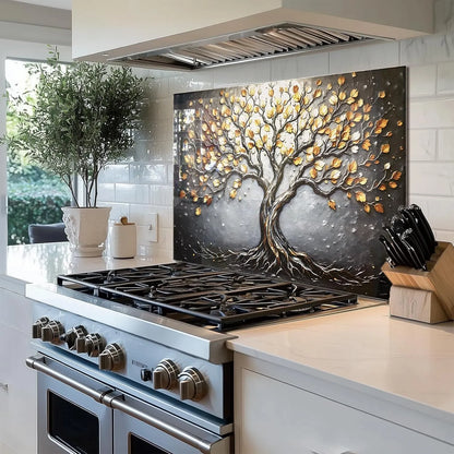 Tempered glass stove splashback with Tree of Life design installed above gas cooktop in modern kitchen