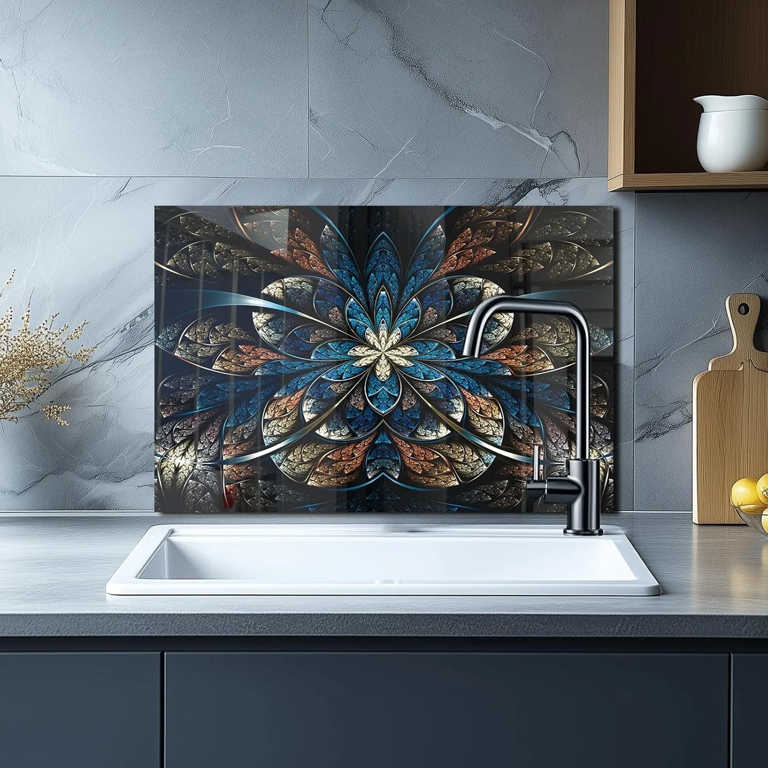 Abstract fractal flower tempered glass backsplash behind kitchen sink area