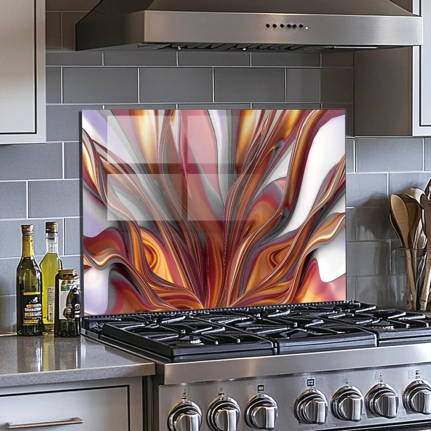 Abstract textured tempered glass kitchen backsplash with vibrant orange-red swirls