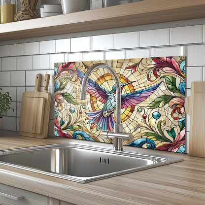 Colorful hummingbird tempered glass backsplash behind kitchen sink area