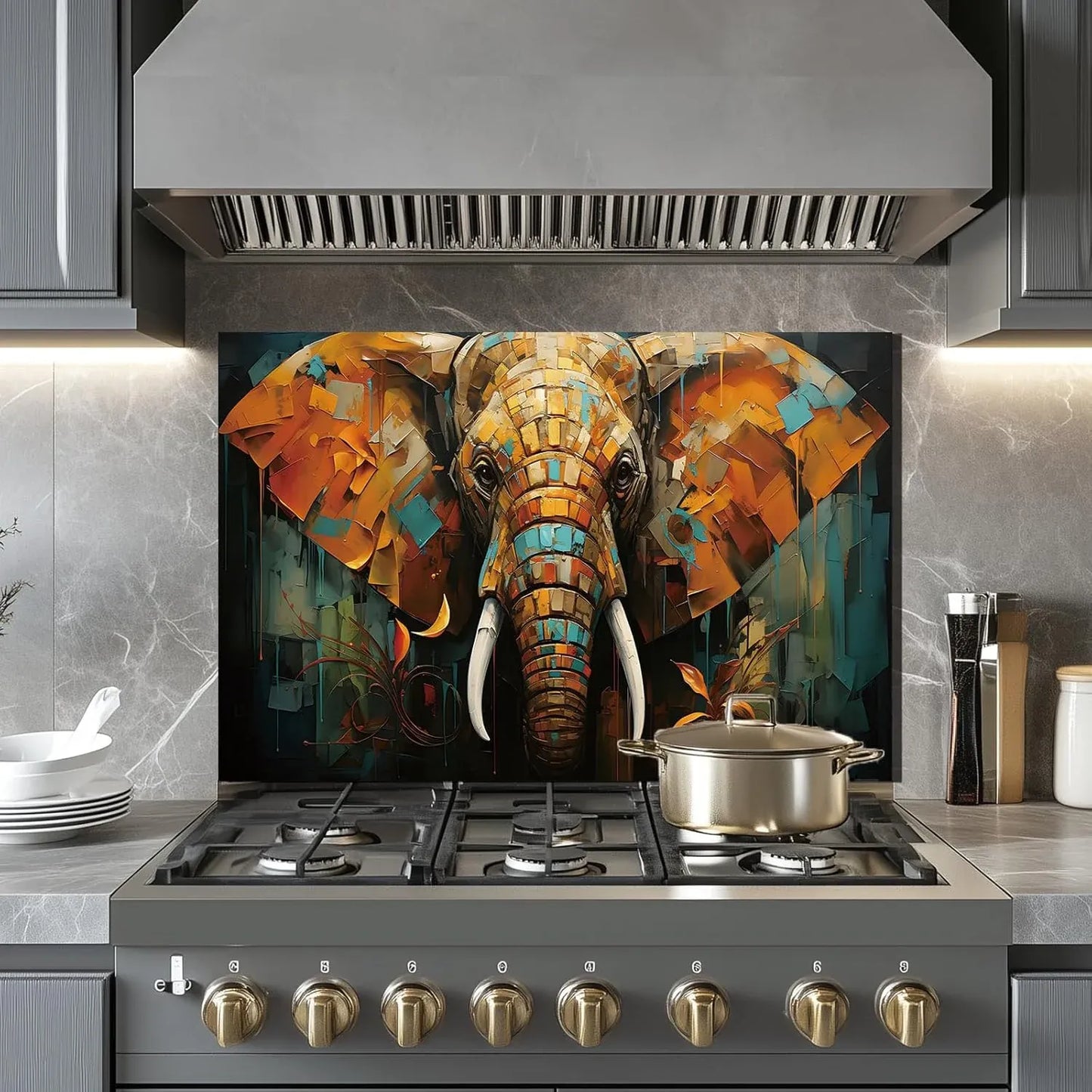 Elephant tempered glass backsplash behind stainless steel stove with cooking pot