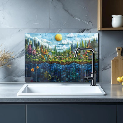 Tempered glass garden sink backsplash with vibrant nature scene