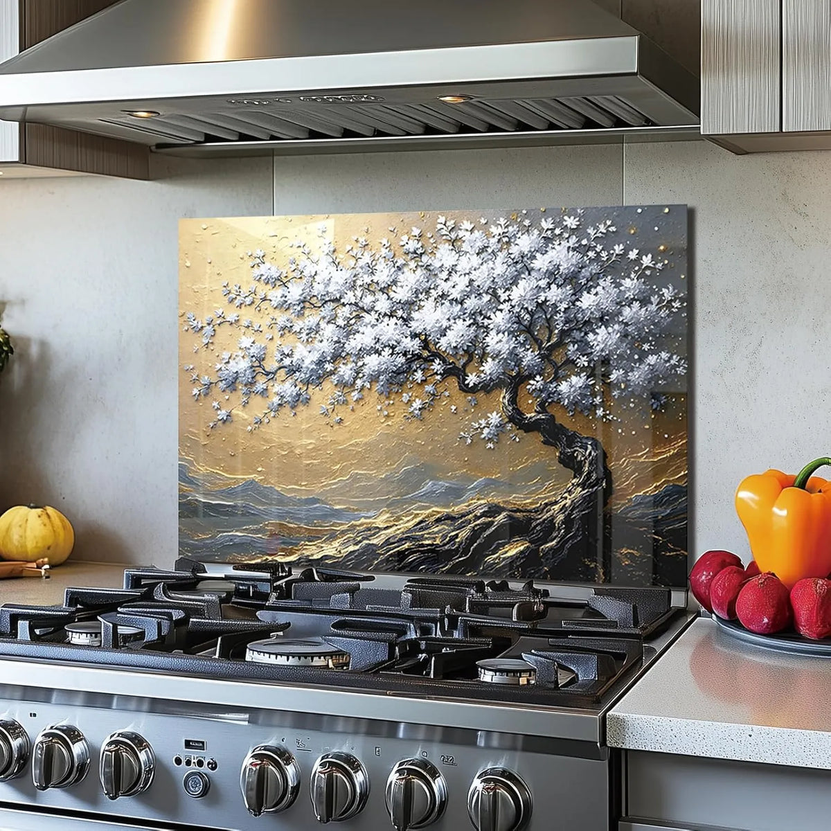Gold and Silver Tree of Life Tempered Glass Kitchen Backsplash Installed Above Stove - Unique Zone