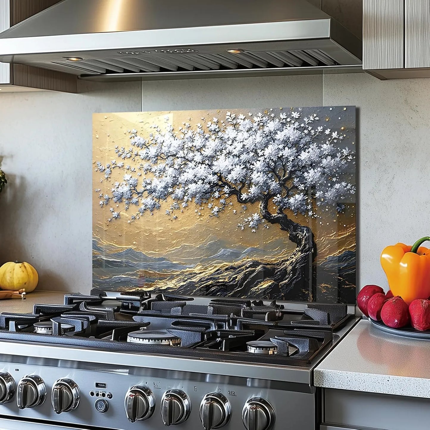 Gold and Silver Tree of Life Tempered Glass Kitchen Backsplash Installed Above Stove - Unique Zone