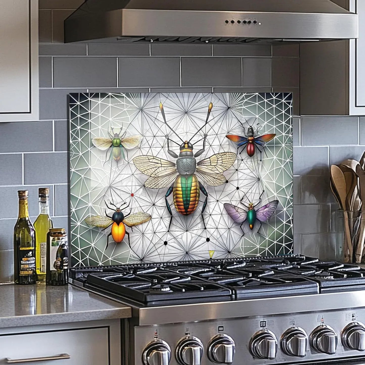 Colorful fireflies tempered glass kitchen backsplash near countertop