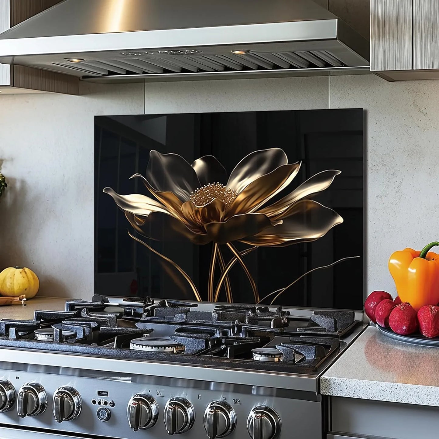 Tempered Glass Golden Lotus Backsplash for Kitchen Behind Stove
