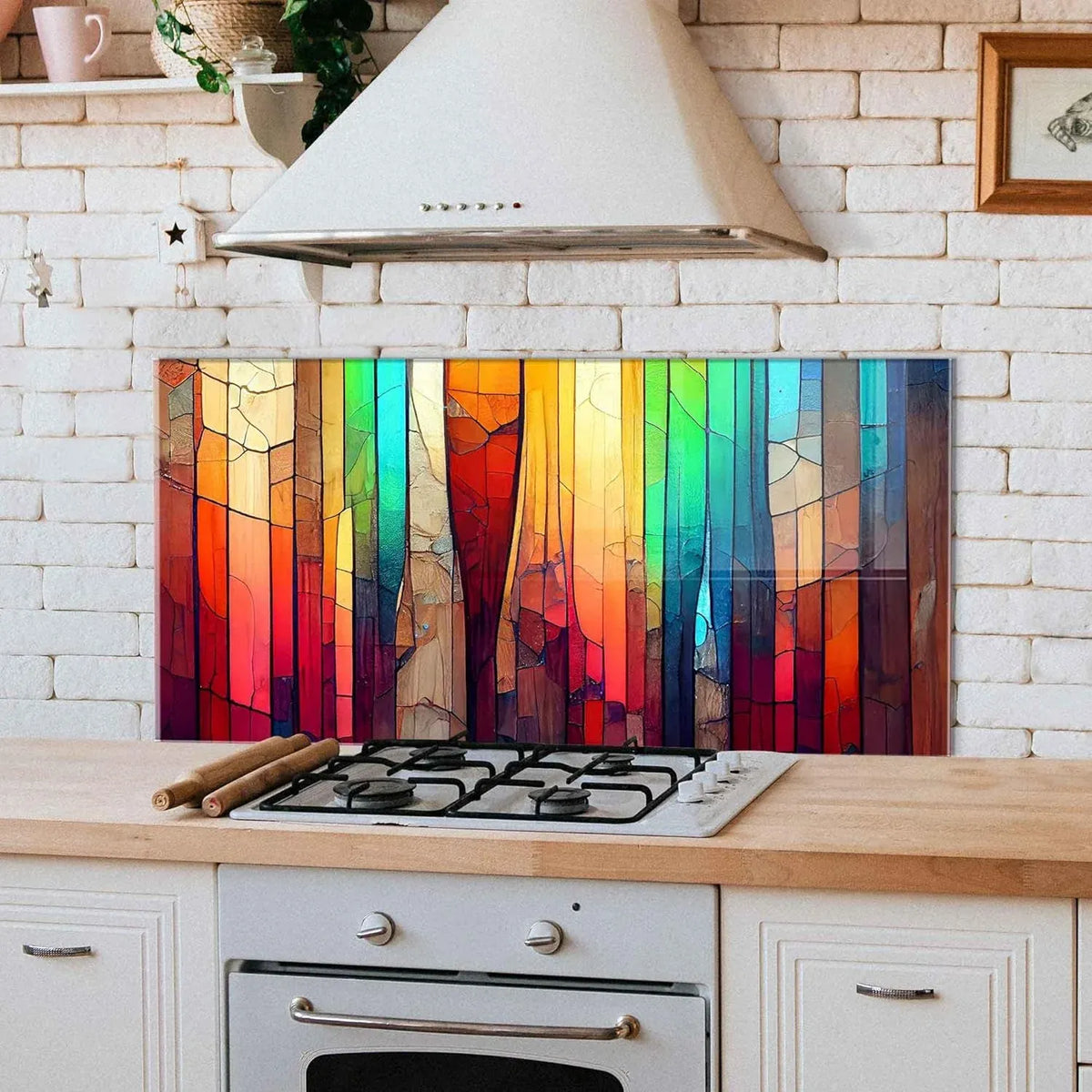 Colorful Tempered Glass Kitchen Backsplash Behind Stove On Wood Counter - Unique Zone