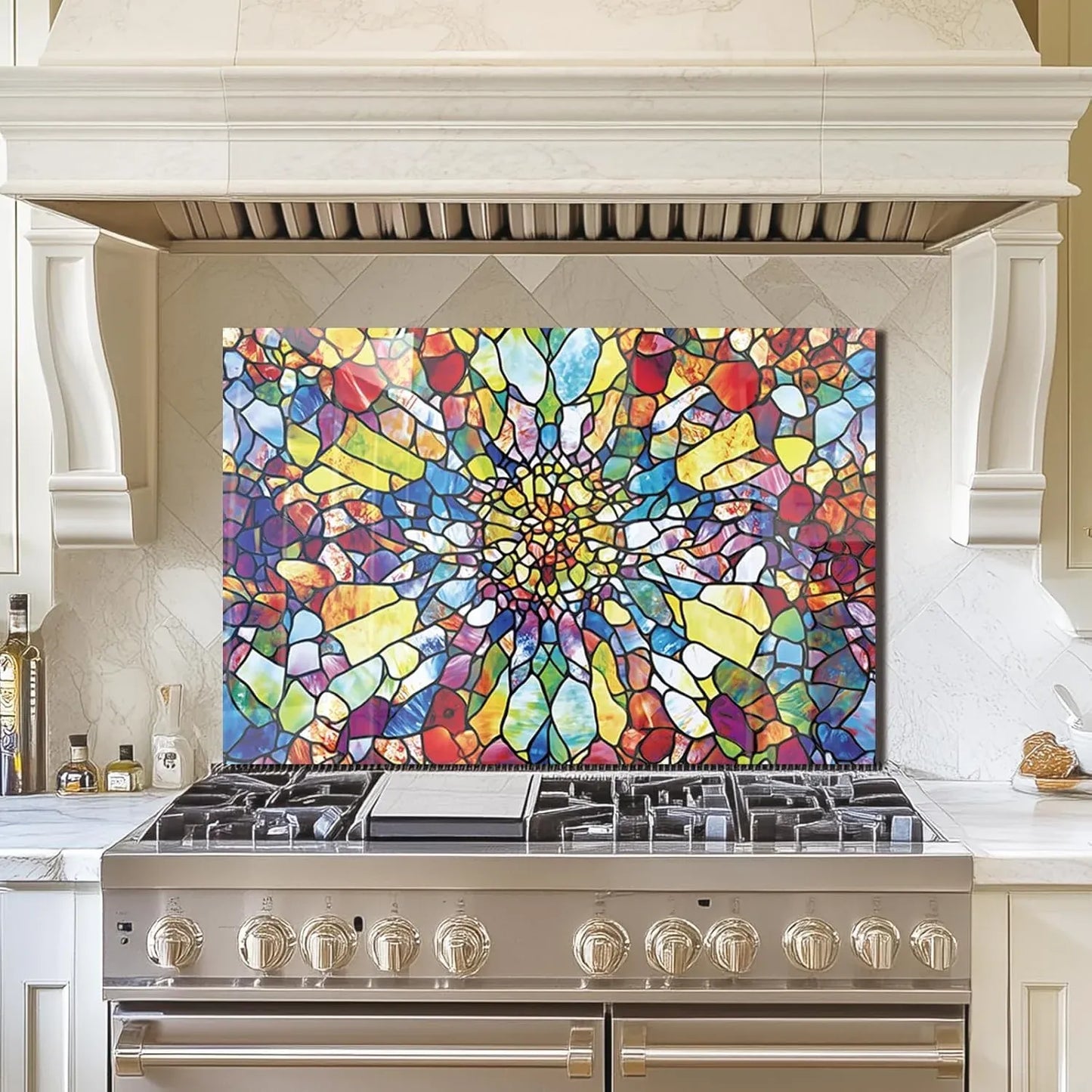 Tempered glass mosaic abstract backsplash behind kitchen stove - vibrant multicolor design