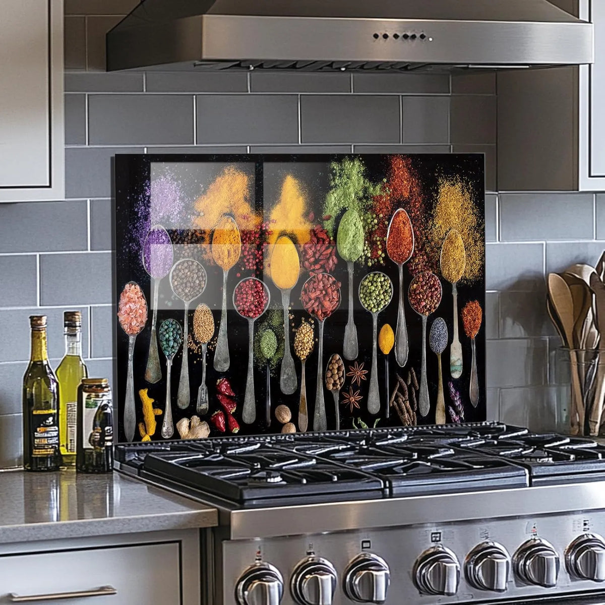 Vibrant spice pattern tempered glass kitchen backsplash