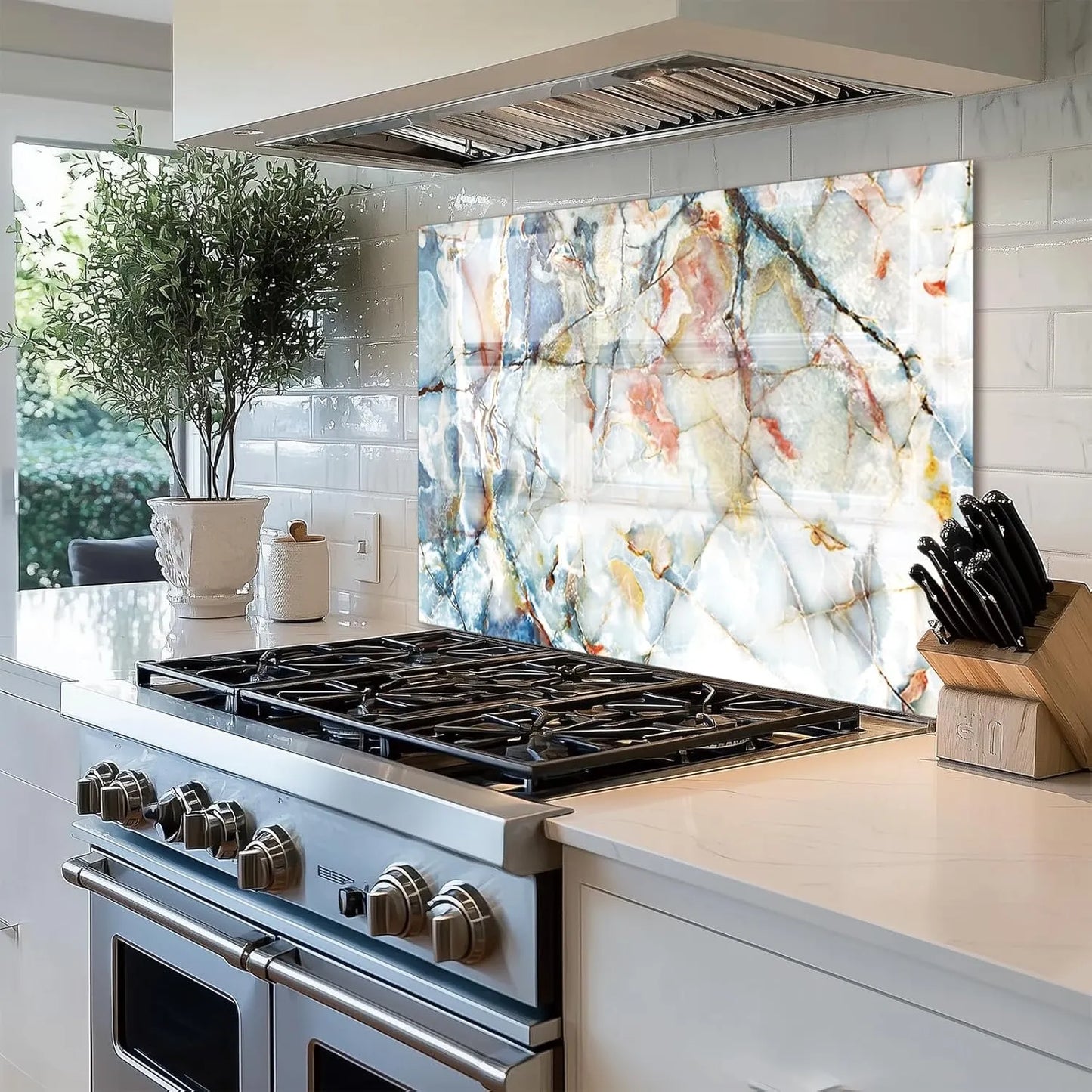 Marble pattern tempered glass kitchen backsplash behind stove, elegant kitchen decor