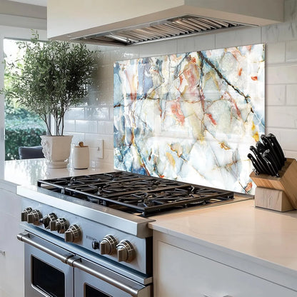 Marble pattern tempered glass kitchen backsplash behind stove, elegant kitchen decor