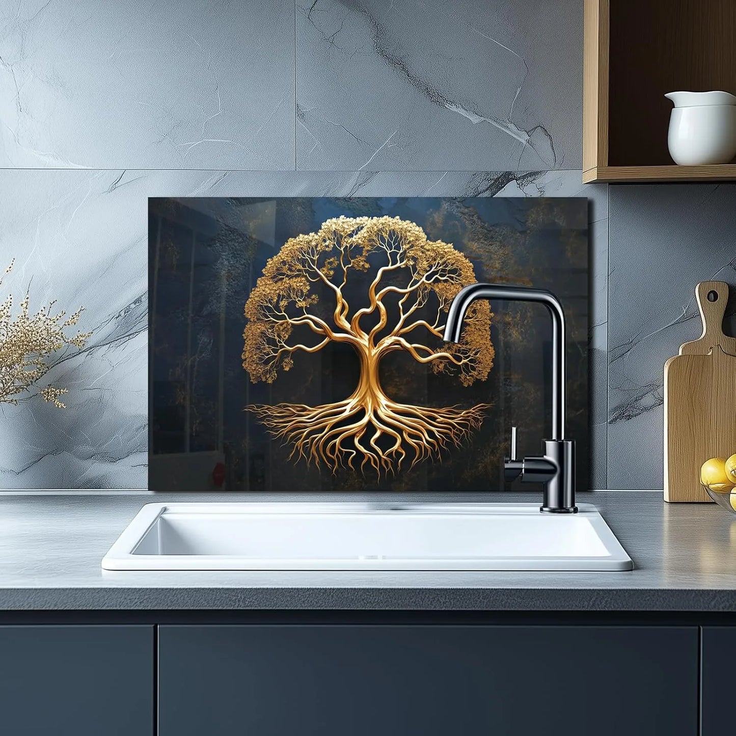 Tempered Glass Tree of Life Kitchen Sink Cover Splash Guard installed behind white kitchen sink