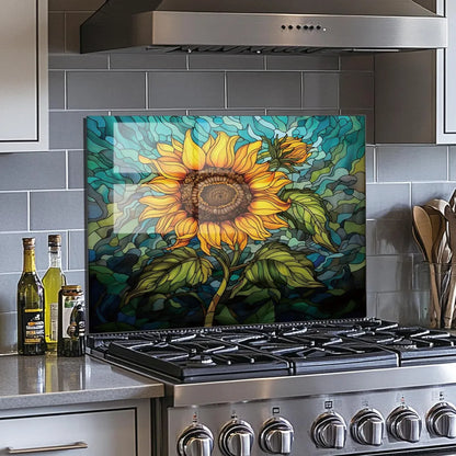 Sunflower tempered glass kitchen backsplash over modern gas stove