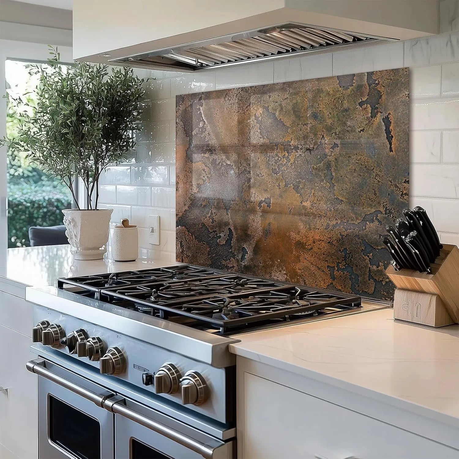 Old Wall Pattern Tempered Glass Stove Splashback lifestyle view