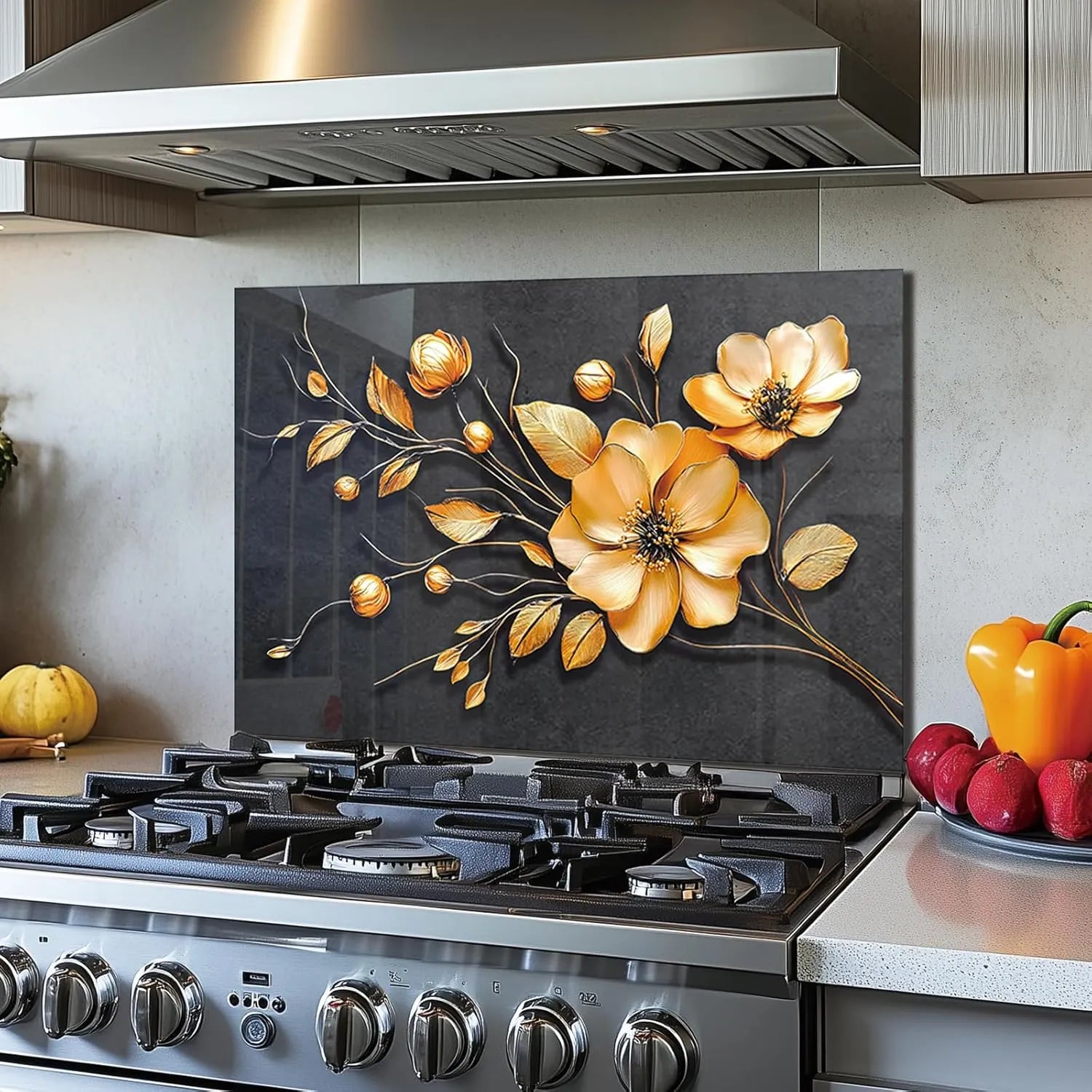 Tempered glass golden flower stove backsplash, heat-resistant decorative cover for kitchen