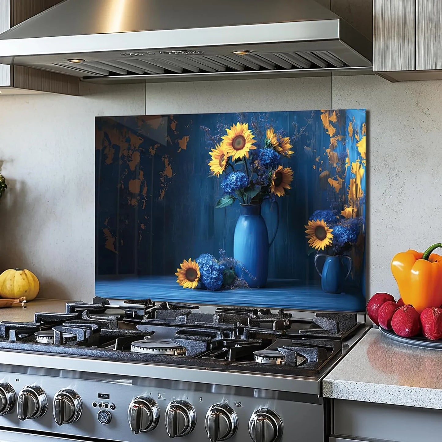 Blue vase tempered glass backsplash installed behind kitchen stove, sunflower design