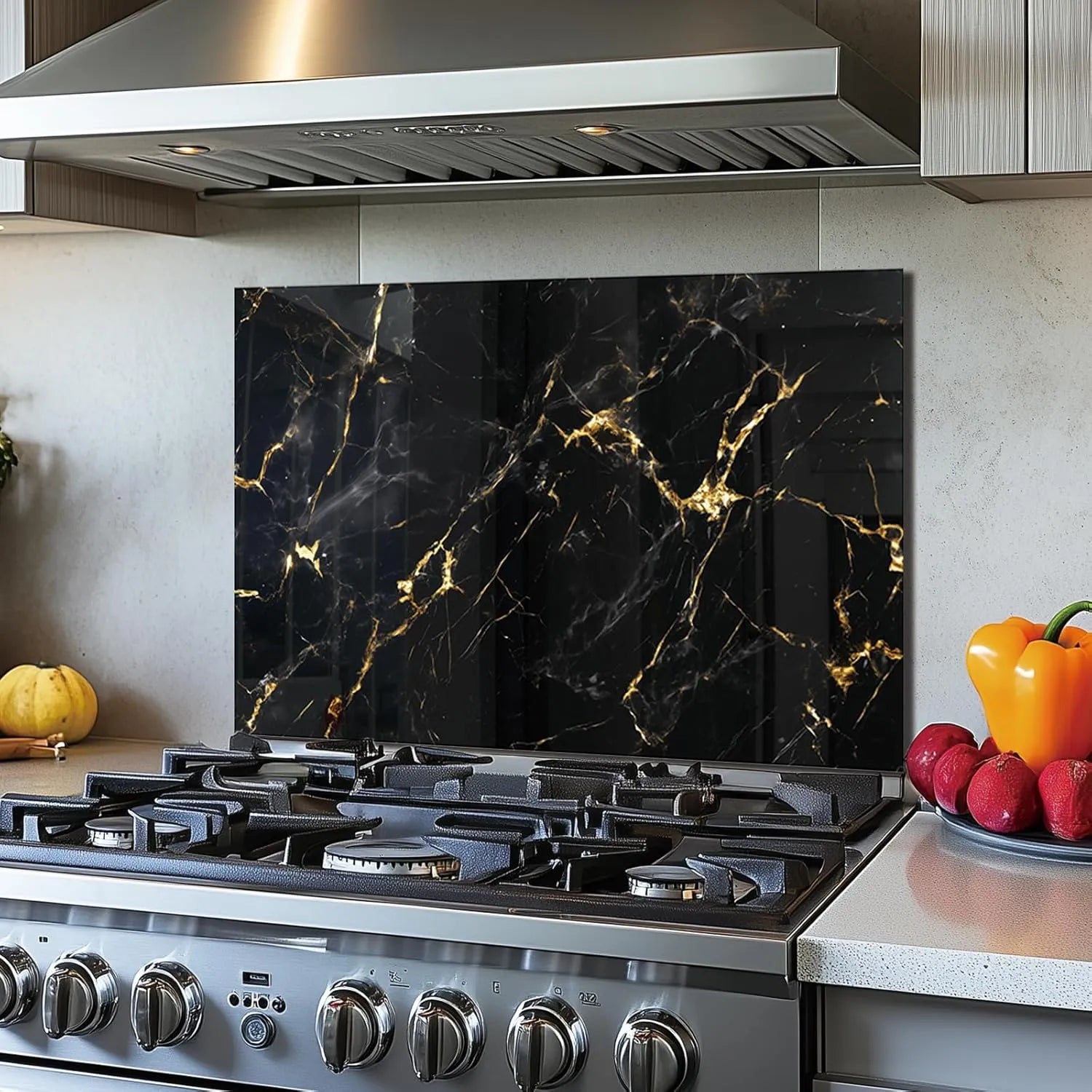 Black Marbling Tempered Glass Stove Backsplash Top Cover - Kitchen Stove Installation View