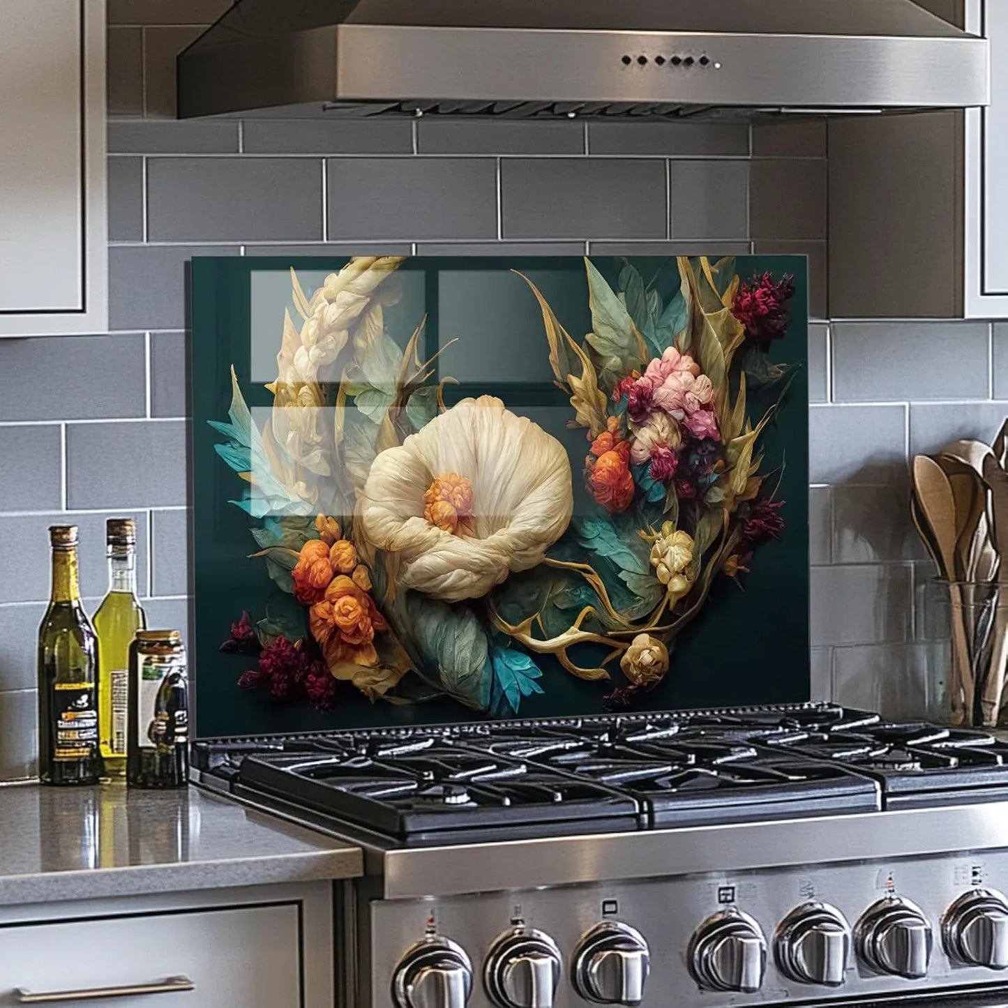 Colorful flowers tempered glass kitchen backsplash on stainless steel stove unique zone