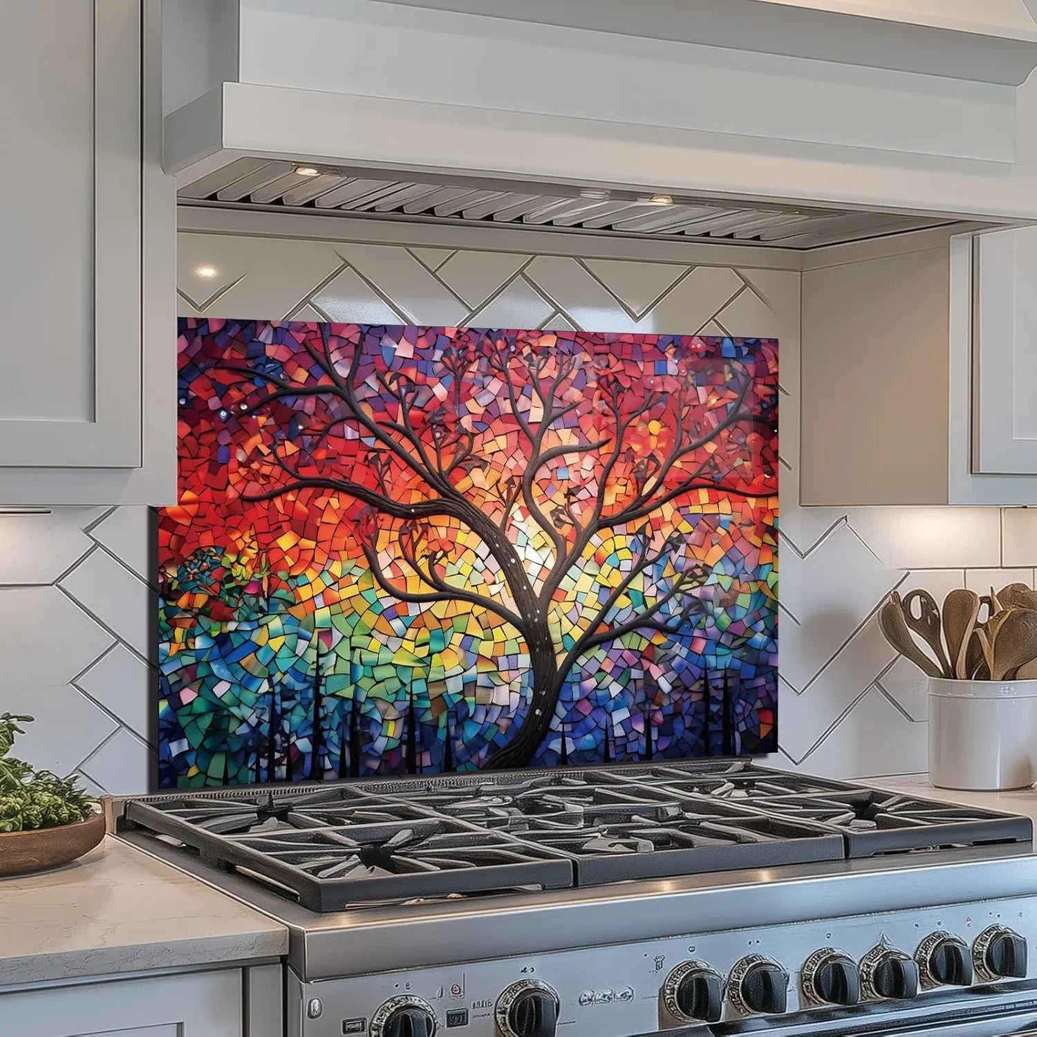 Sun Tree Glass Backsplash Modern Kitchen with Mosaic Tree Backsplash