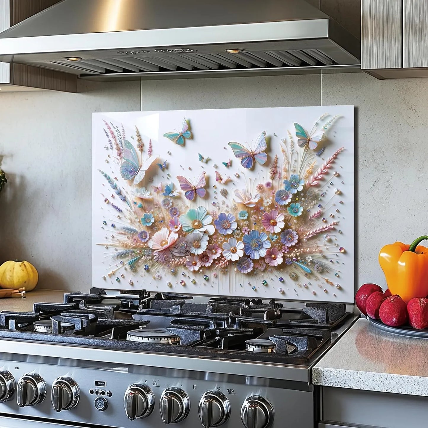 3D Butterfly Flower Blossoms Tempered Glass Stove Backsplash