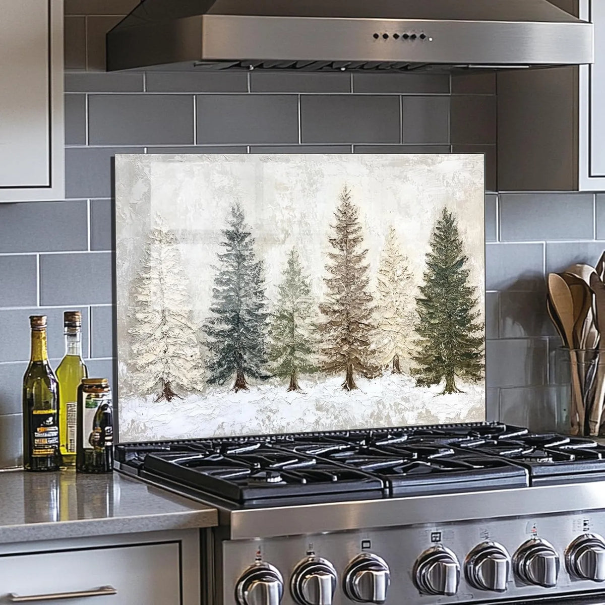 Snow Scene Tempered Glass Backsplash Above Gas Stove