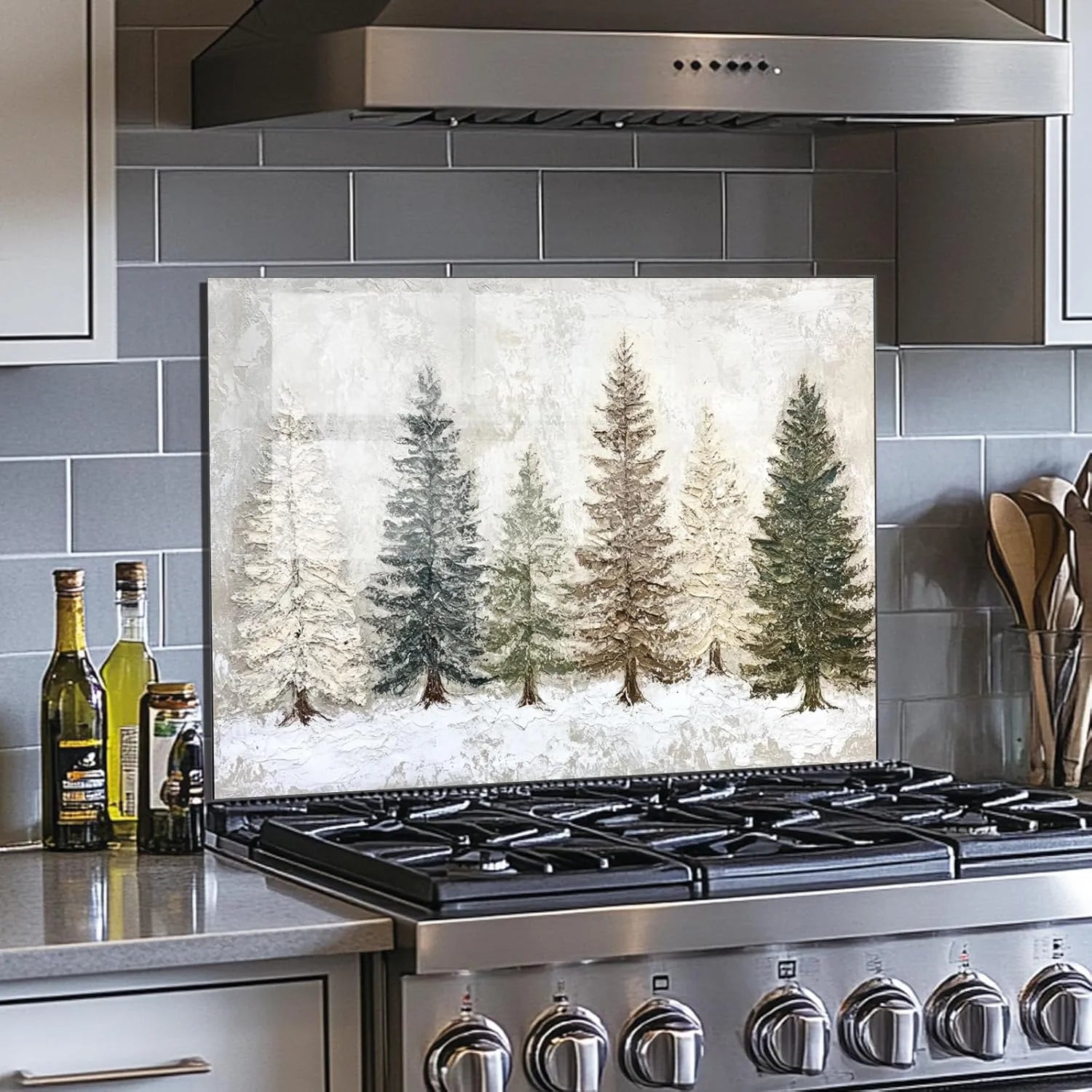 Snow Scene Tempered Glass Backsplash Above Gas Stove