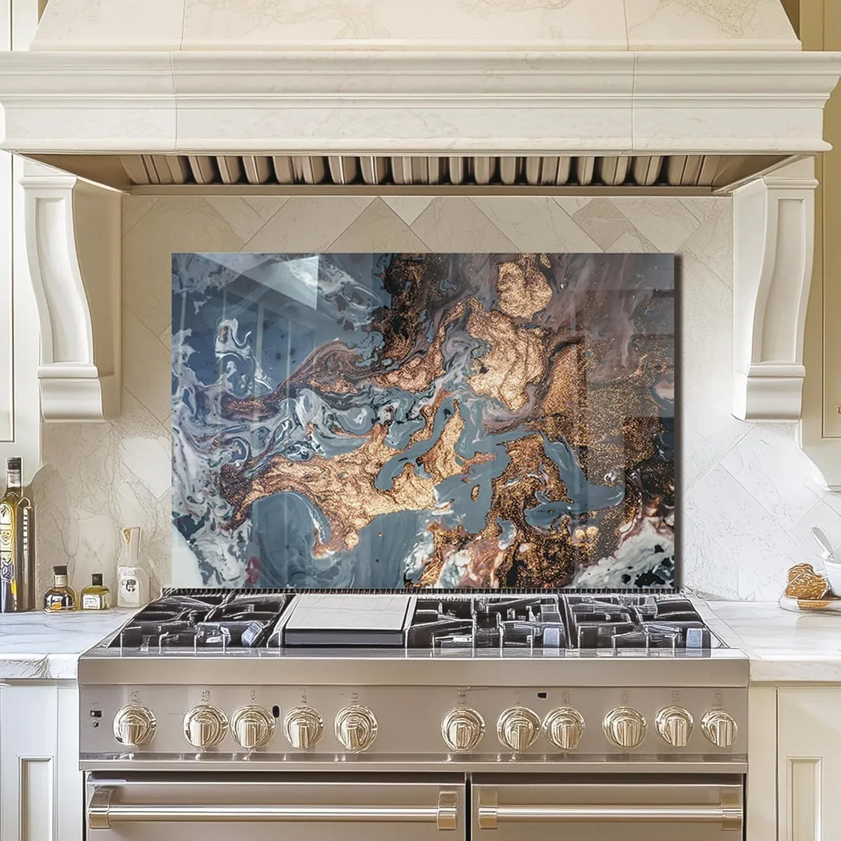 Tempered glass marbling stove back cover on traditional kitchen stove with white cabinets and gold-gray swirl pattern.