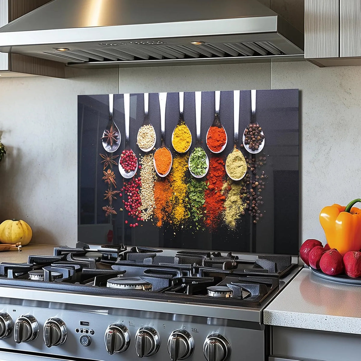 Tempered Glass Spoon Spice Stove Backsplash Cover - Vibrant Spices in Spoons Design