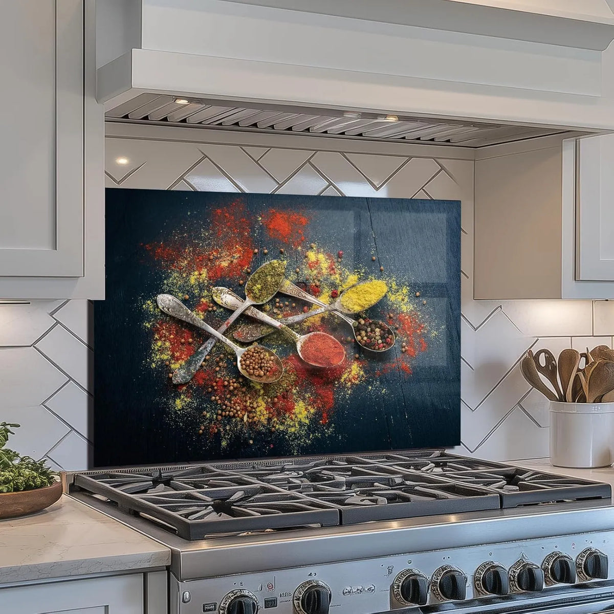 Spice Tempered Glass Kitchen Backsplash - Vibrant Spices and Spoons Pattern