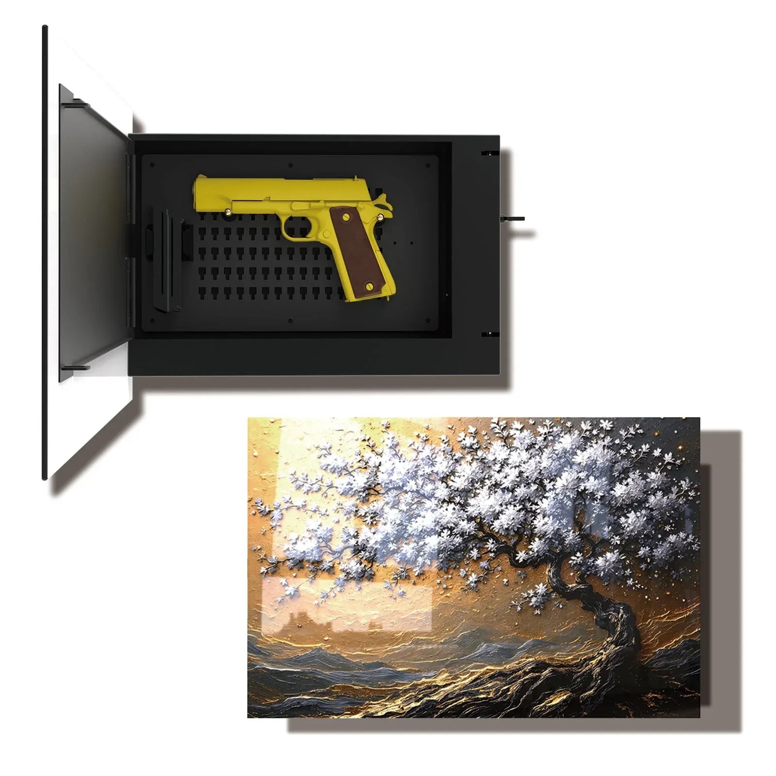 Tree of Life tempered glass handgun storage cabinet with yellow pistol inside secure compartment