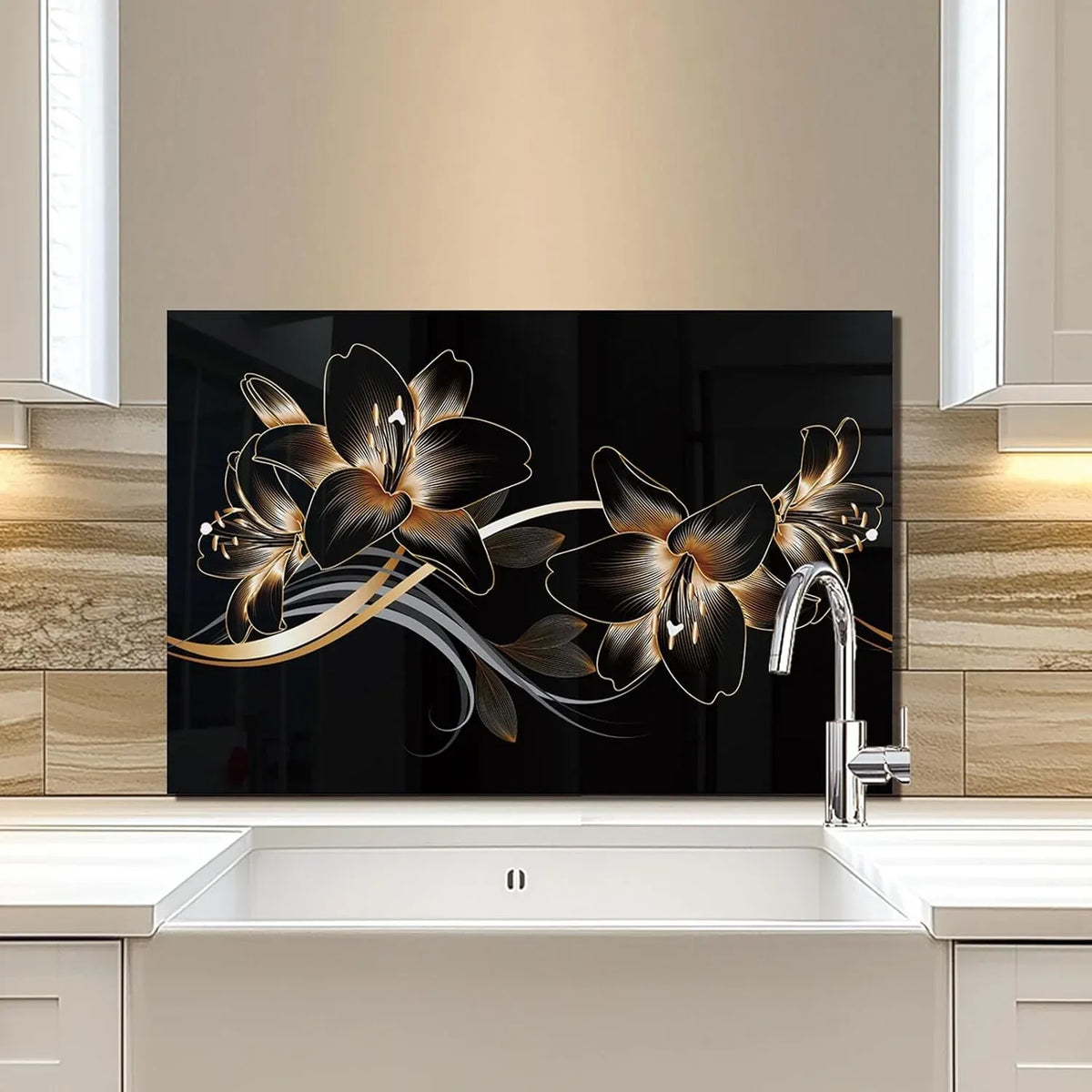 Golden Lily Kitchen Sink Cover Splash Guard - Black Panel with Gold Floral Design