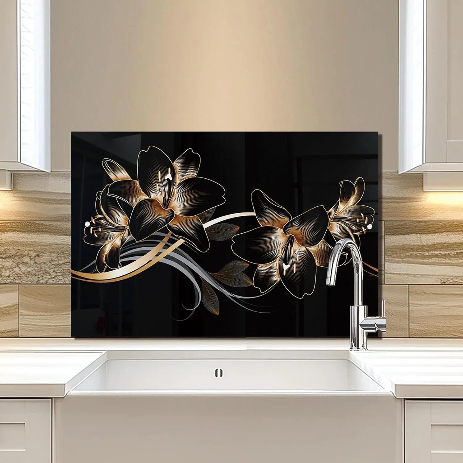 Golden Lily Kitchen Sink Cover Splash Guard - Black Panel with Gold Floral Design