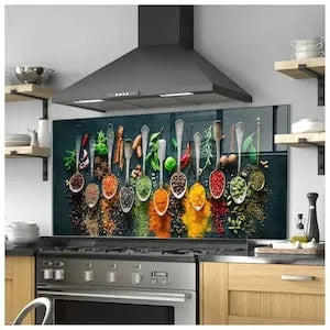 Spices Tempered Glass Stove Backsplash - Diverse Spice Spoon Arrangement