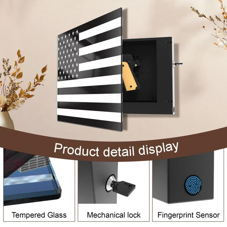 Glass American Flag Gun Storage Cabinet Open Door Revealing Internal Gun Compartment and Security Features