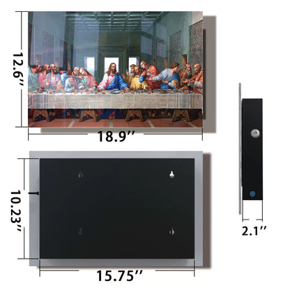 Glass Last Supper handgun gun storage cabinet, front view with dimensions 18.9x12.6 inches