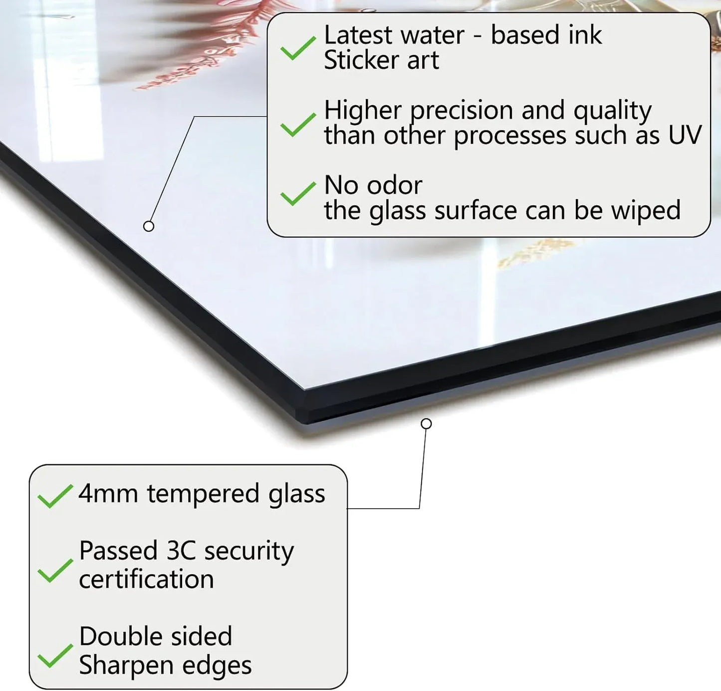 Tempered Glass Backsplash Specs: Water-Based Ink, 4mm Thick, Easy Clean