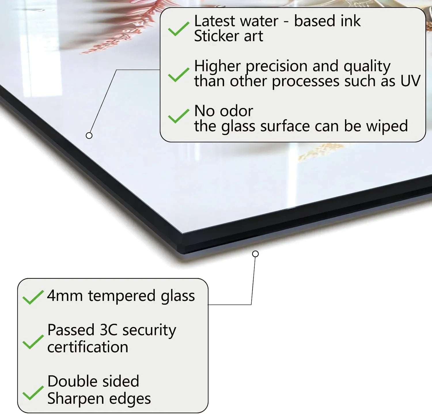 Tempered Glass Backsplash Specs: Water-Based Ink, 4mm Thick, Easy Clean